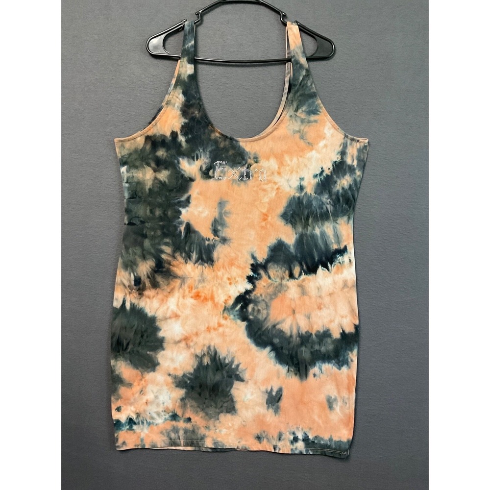 Rue 21 "Exotic" Tie Dye Ribbed Tank Dress 2X Sleeveless‎ Rhinestone Graphic Y2K